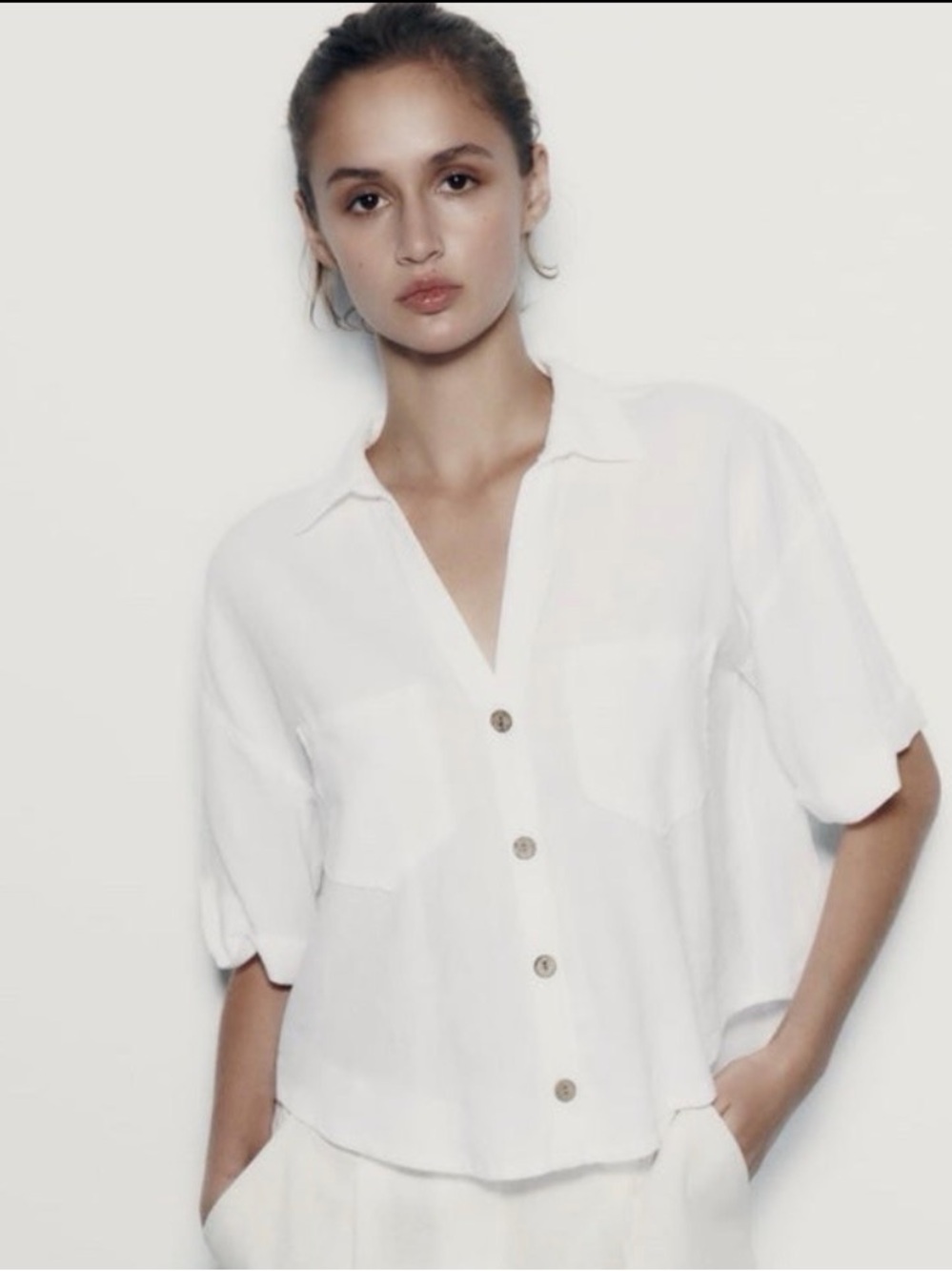 Zara EUC, White Short-Sleeve Linen Blend Button-Front Shirt